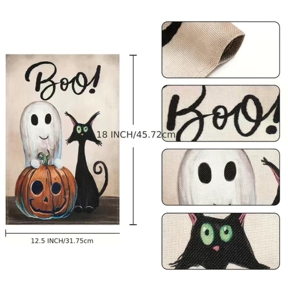 NIP Boo Pumpkin Ghost Black Cat Halloween Garden Flag 12×18 Double Sided - Picture 2 of 3